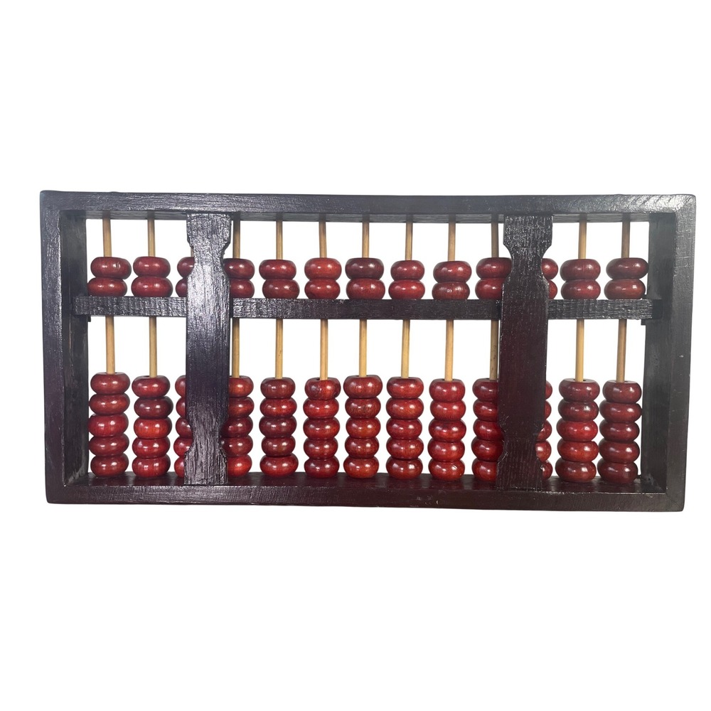 Vintage Chinese Abacus Wood 13 Column Red Black Beads Asian Math Decor